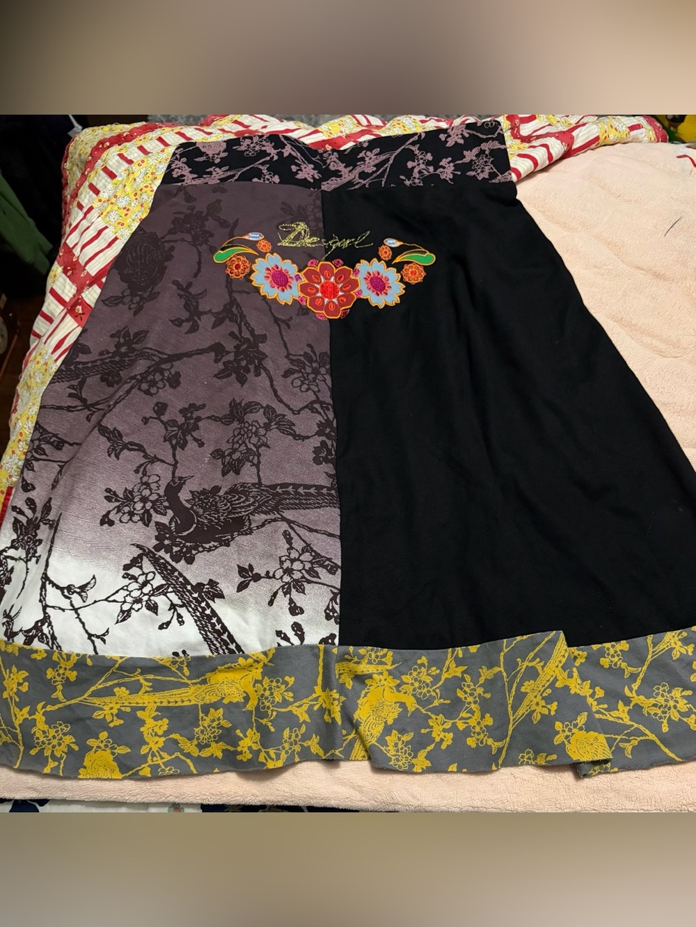 Desigual Black & Gray Floral Patchwork Skirt with Yellow Accent